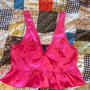 Hot pink peplum crop satin top